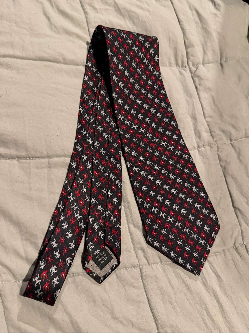 Black Silk Tie with Red and White Geometric Motif